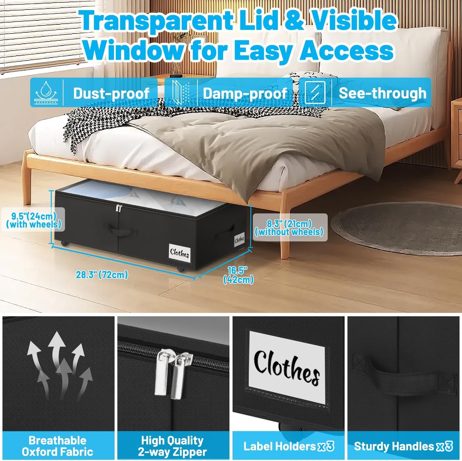 Under Bed Storage with Wheels, 2-Pack 10" Height XXL 75L Rolling Storage Bins, Quick Assembly Underbed Shoe Storage Containers with Clear Lid & Label, Dorm Under Bed Drawers for Clothes, Shoes, Grey - Image 3