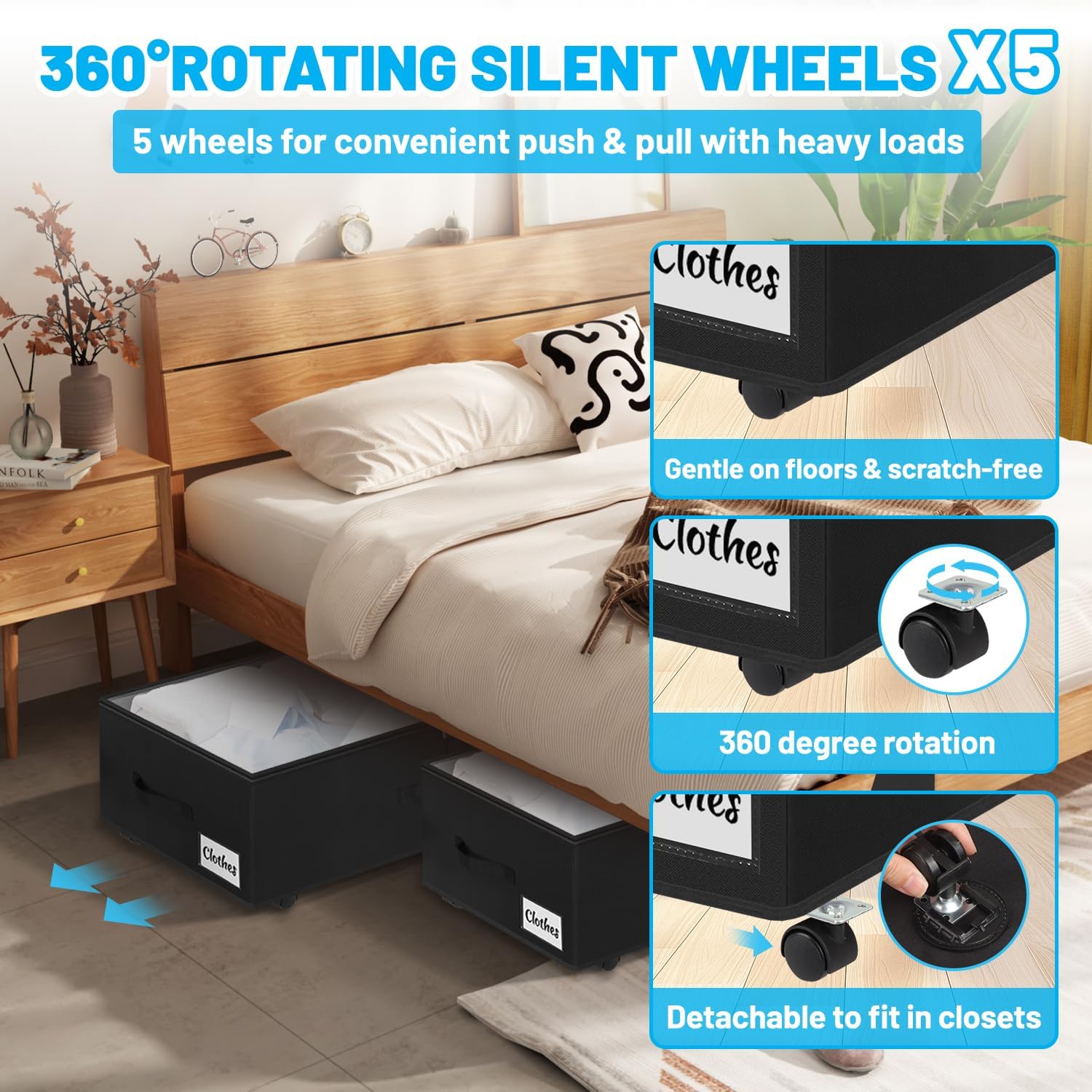 Under Bed Storage with Wheels, 2-Pack 10" Height XXL 75L Rolling Storage Bins, Quick Assembly Underbed Shoe Storage Containers with Clear Lid & Label, Dorm Under Bed Drawers for Clothes, Shoes, Grey - Image 4