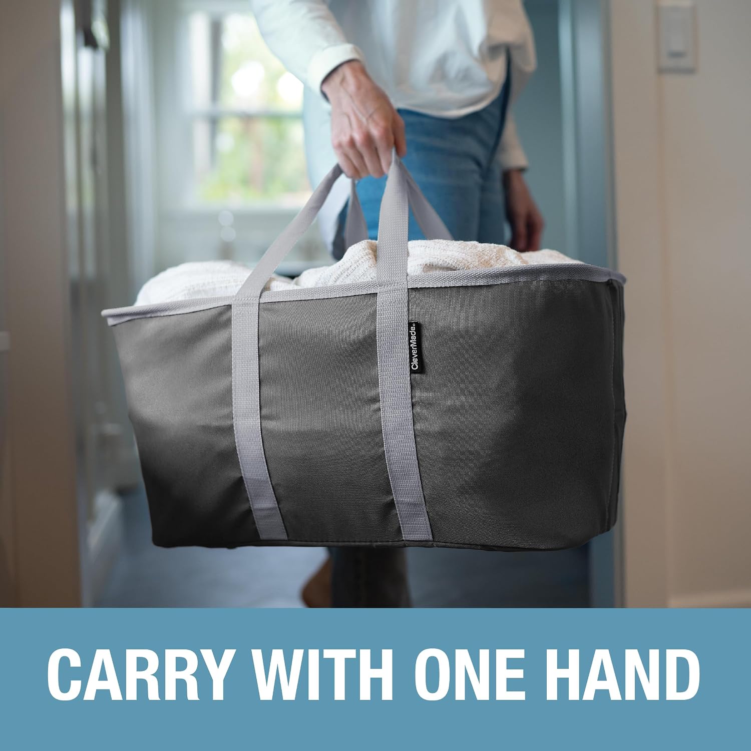 CleverMade Collapsible Laundry Baskets, 50L Tote 2 Pack, Denim - Image 4