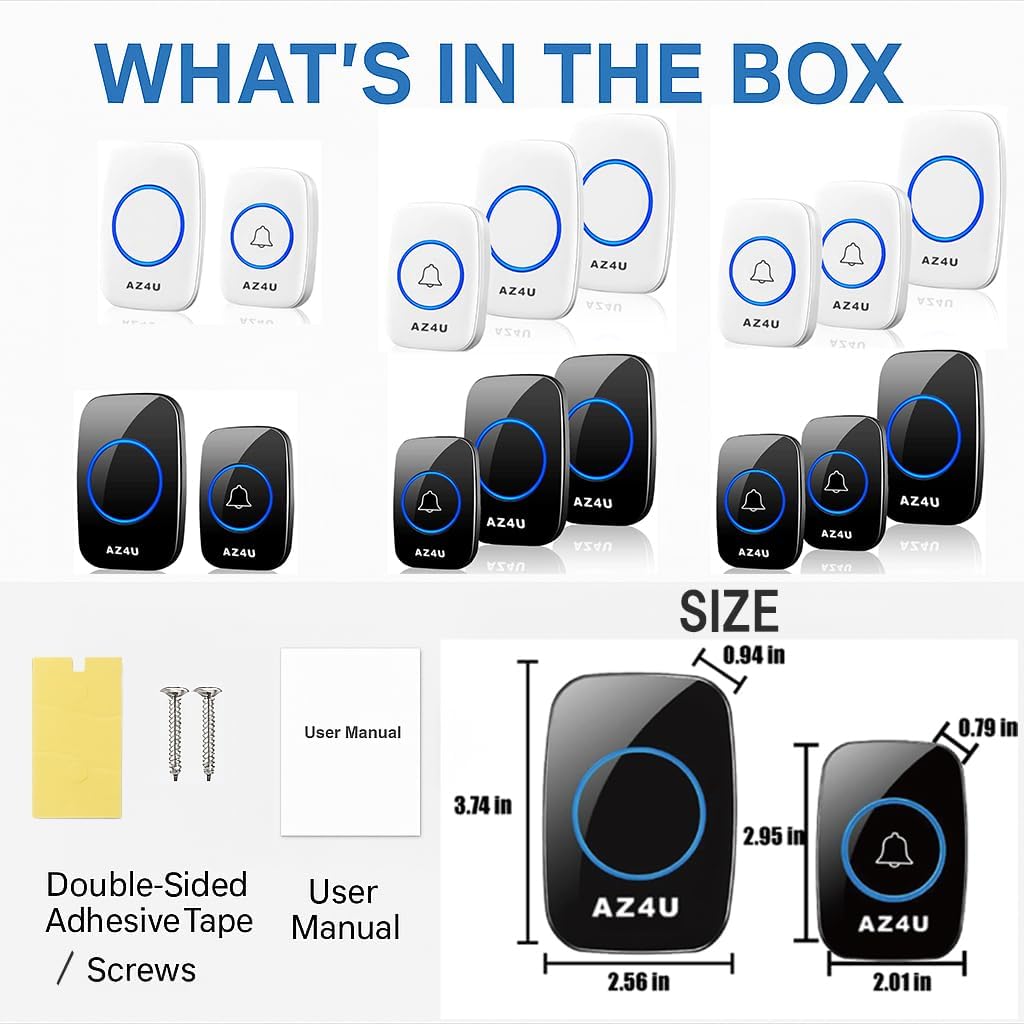 AZ4U Wireless Doorbell Kit 1 Button 1 Receiver FCC Certified 1000 ft Black - Image 9