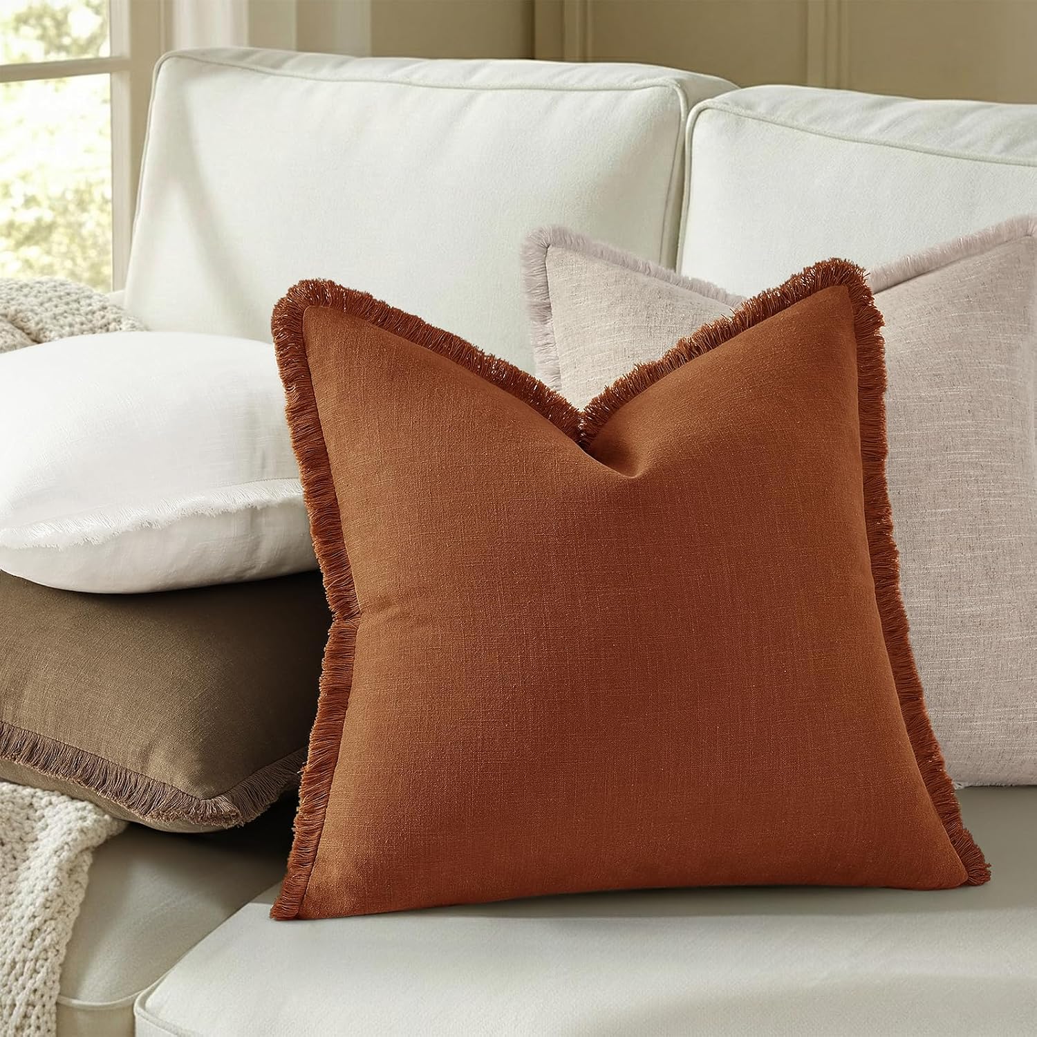 decorUhome Linen Fringe Light Rust Throw Pillow Covers 18x18 Set of 2 - Image 3