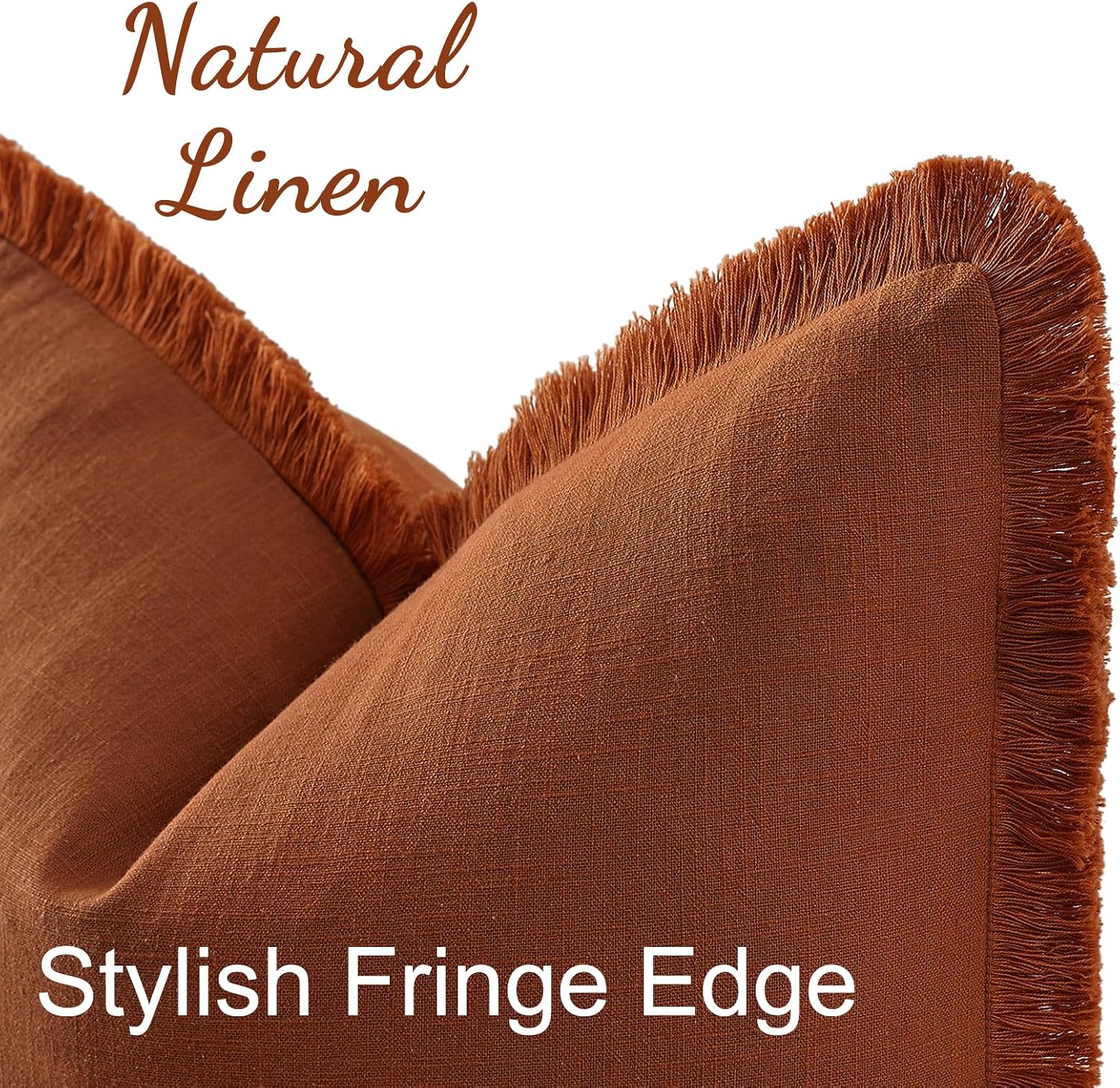 decorUhome Linen Fringe Light Rust Throw Pillow Covers 18x18 Set of 2 - Image 4
