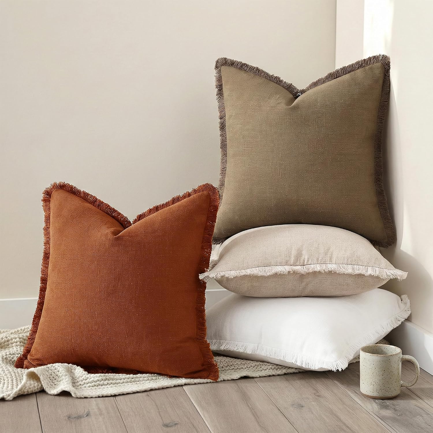decorUhome Linen Fringe Light Rust Throw Pillow Covers 18x18 Set of 2 - Image 6