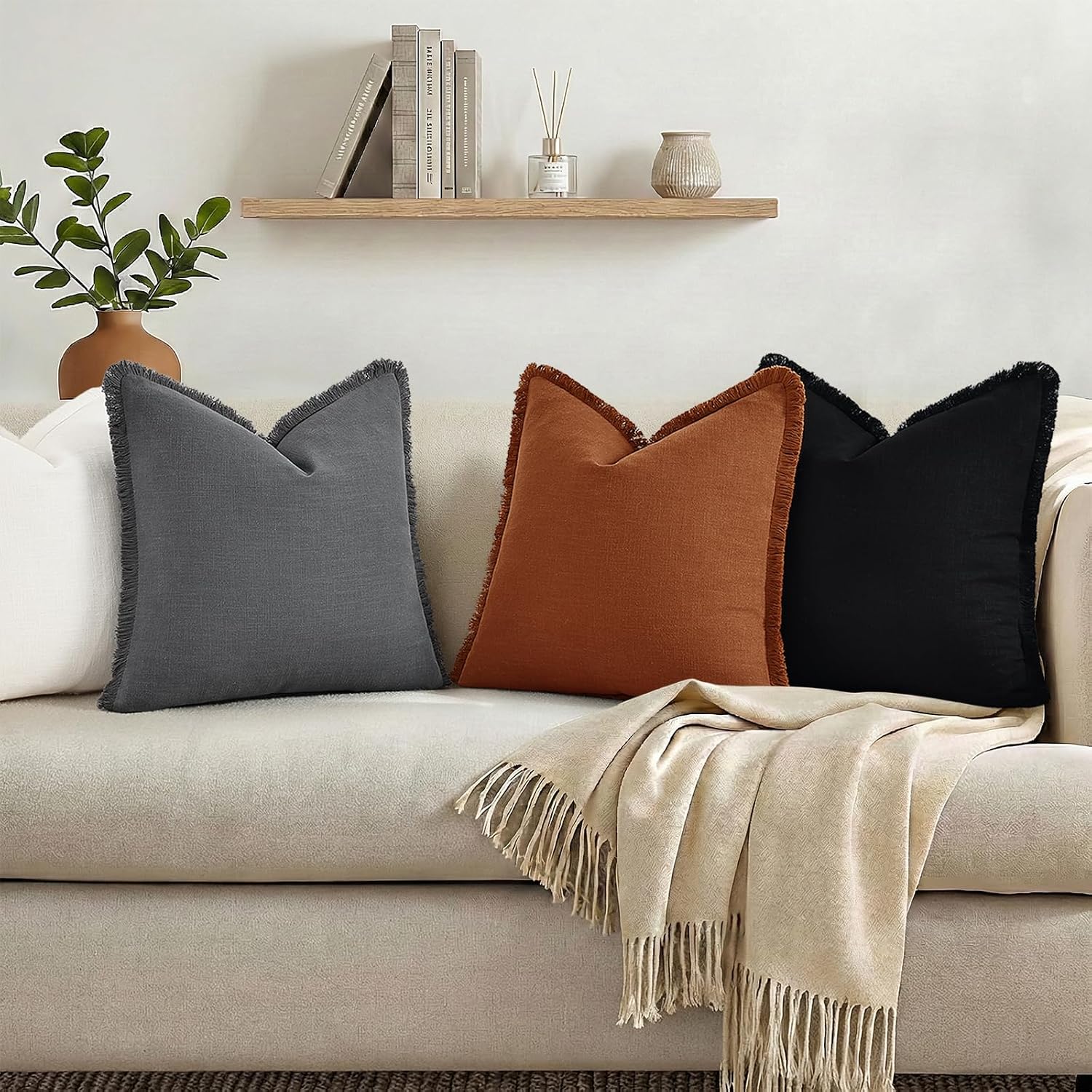 decorUhome Linen Fringe Light Rust Throw Pillow Covers 18x18 Set of 2 - Image 7