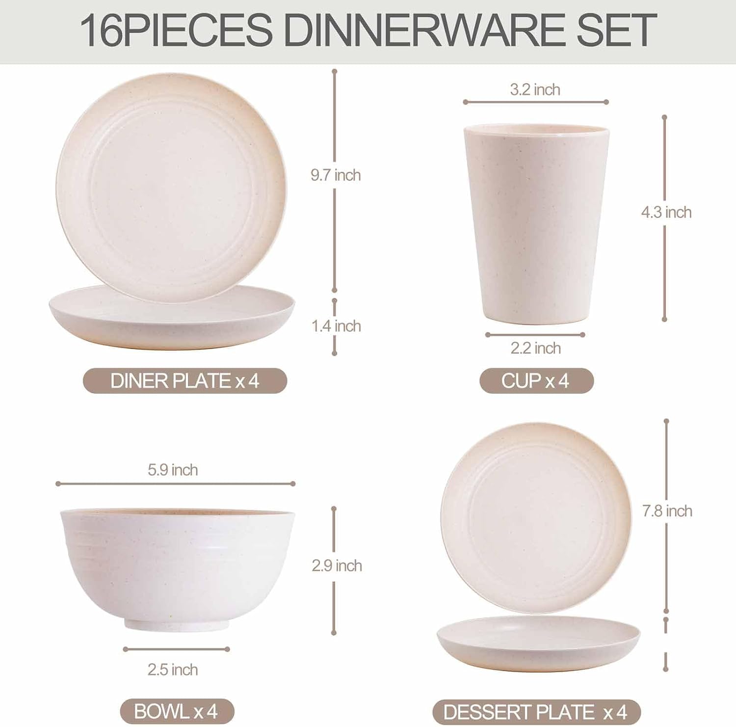Rubtlamp Wheat Straw Dinnerware Sets, 16PCS Plastic Dinnerware Set for 4, Wheat Straw Plates and Bowls Sets, Unbreakable Dinnerware Plastic Microwave Safe Dishes Set for Kitchen&Camping - Image 2