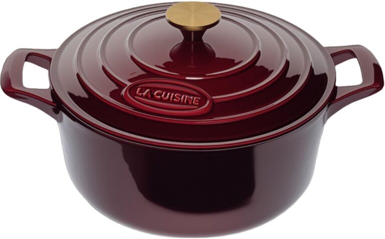 La Cuisine Enameled Cast Iron Dutch Oven Casserole Pot with Golden handle for Lid, Internal Matte Black Enamel Coating, 5 QT 10.5" / 26cm Ø, Oven-Safe 550°F/276°C, Cranberry