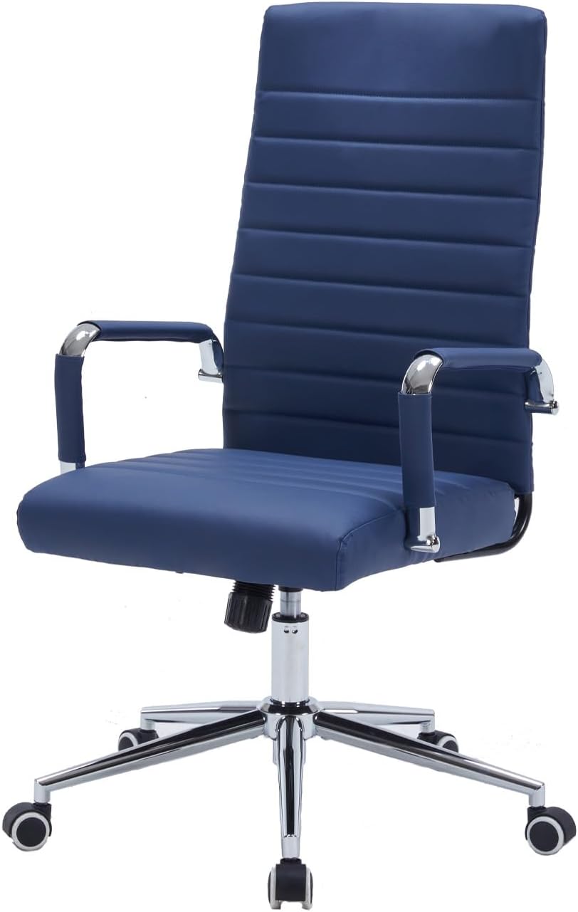 Navy Blue Leather Ribbed Office High-Back Desk Conference Chair with Wheels