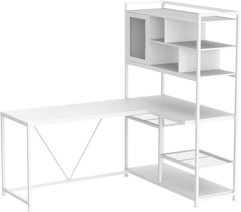 SEDETA L Shaped Computer Desk with Storage Shelves and Bookshelf, White - Image 4