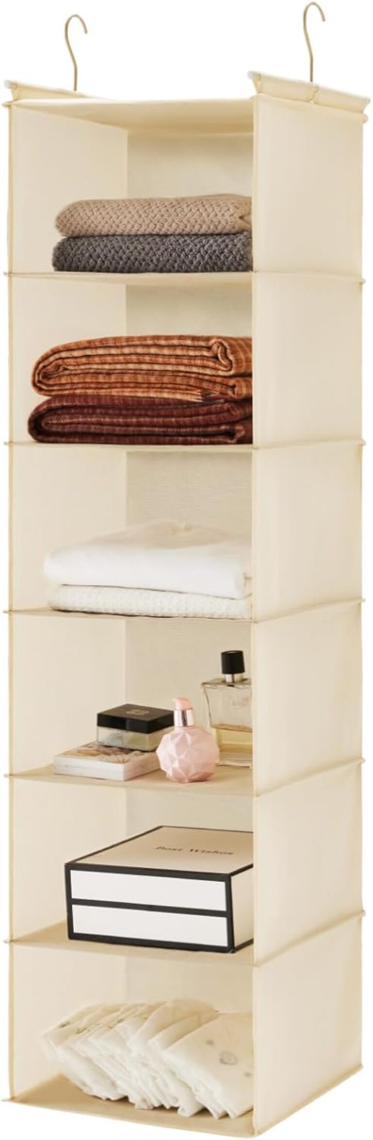 MAX Houser 6 Tier Shelf Hanging Closet Organizer with 2 Hooks, Beige