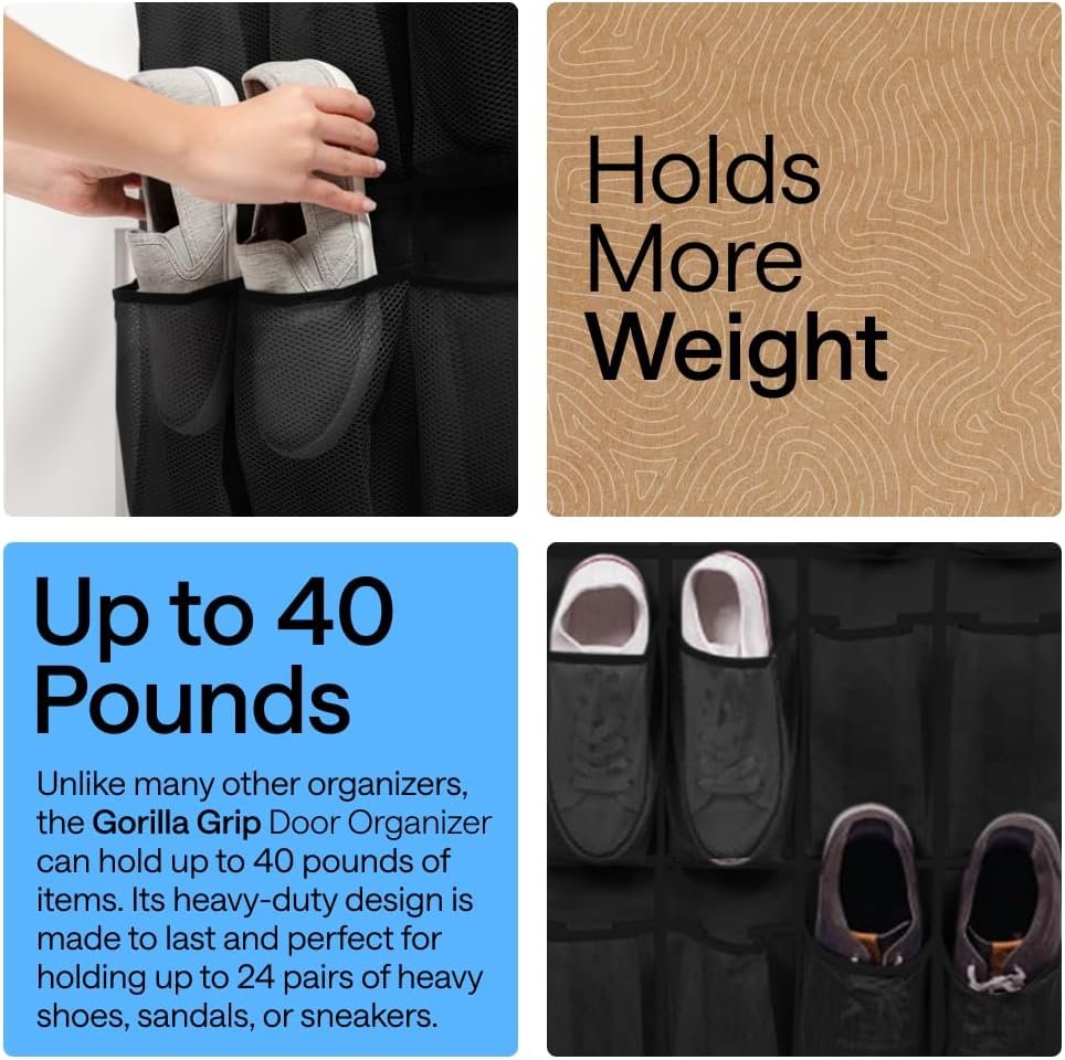 GORILLA GRIP Over the Door Shoe Organizer, 24 Large Pockets, Black - Image 3