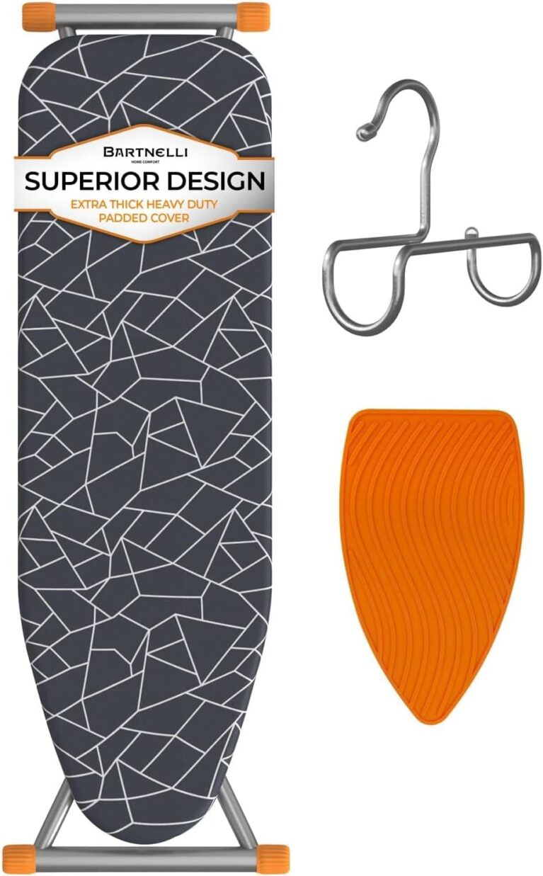 Bartnelli Compact Ironing Board, 13x43 Space-Saving Steel Foldable Iron Board, 4 Layer Cotton Cover, Adjustable Height, Bonus Hanger and Silicone Iron Pad