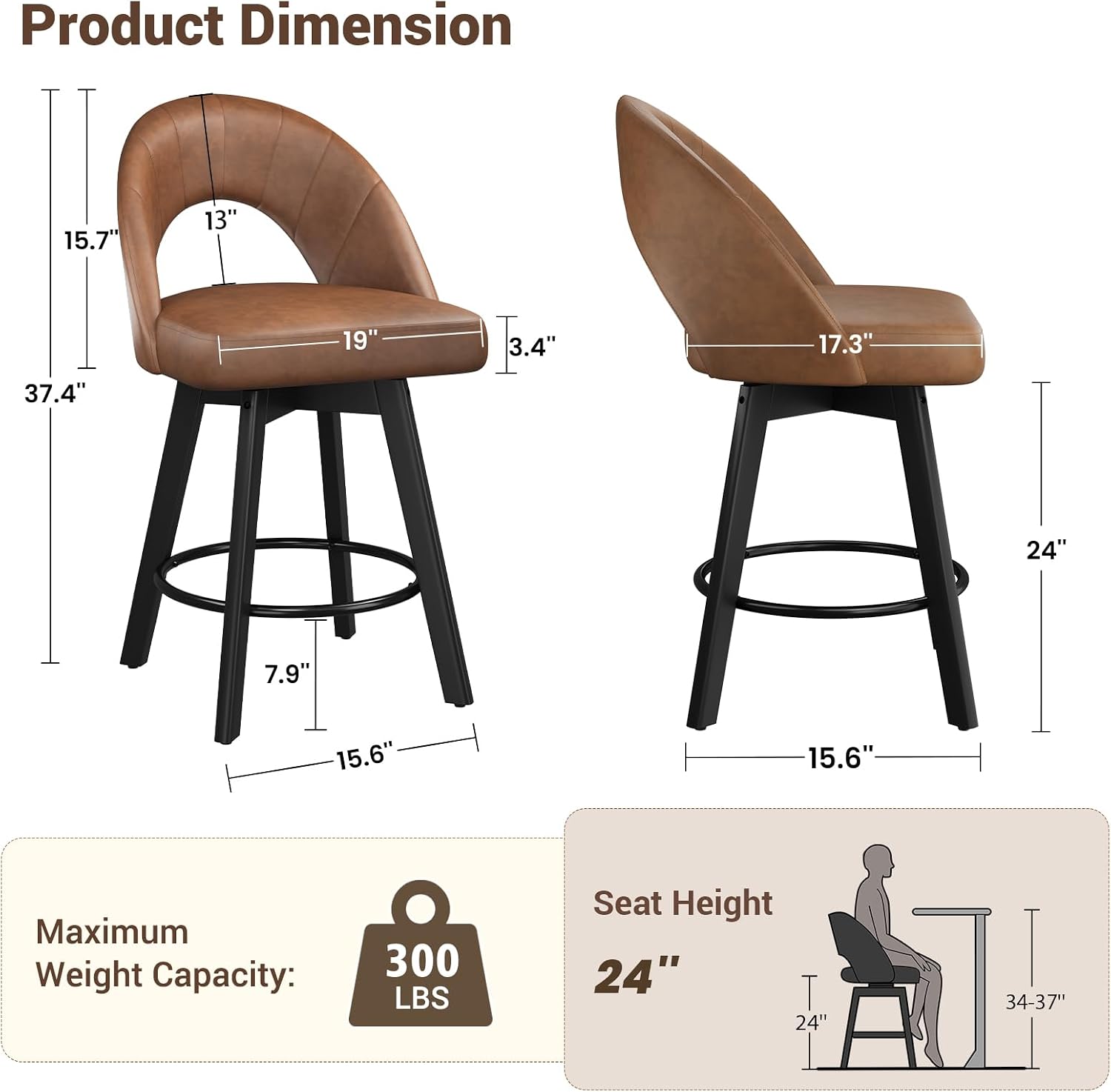 YaFiti 24" Counter Height Bar Stools Set of 2, Faux Leather, Light Tan - Image 7