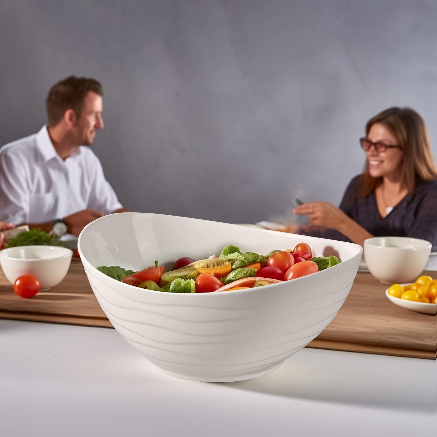 KITEISCAT Extra Large Elegant Ceramic Oval Salad Bowl Set with Premium Acacia Wood Salad Serving Utensils - Large Capacity, Stylish and Practical, Kitchen Must-Have - Image 7