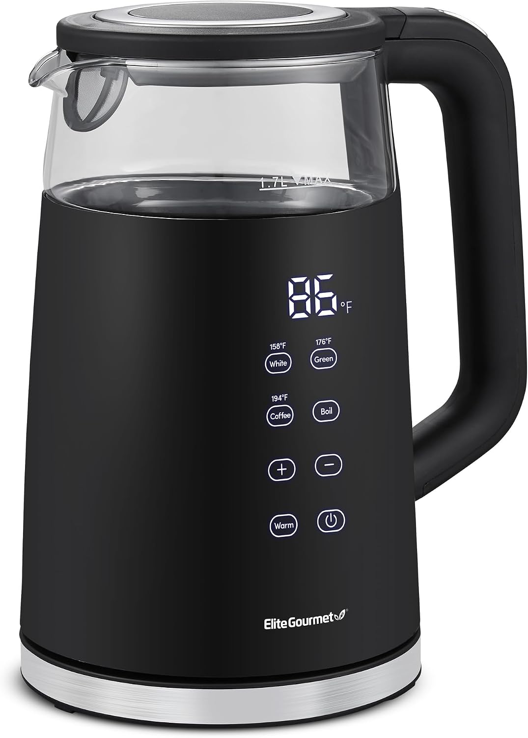 Elite Gourmet 1.7L Dual-Wall Cool-Touch Tea Kettle, Touchscreen, Black