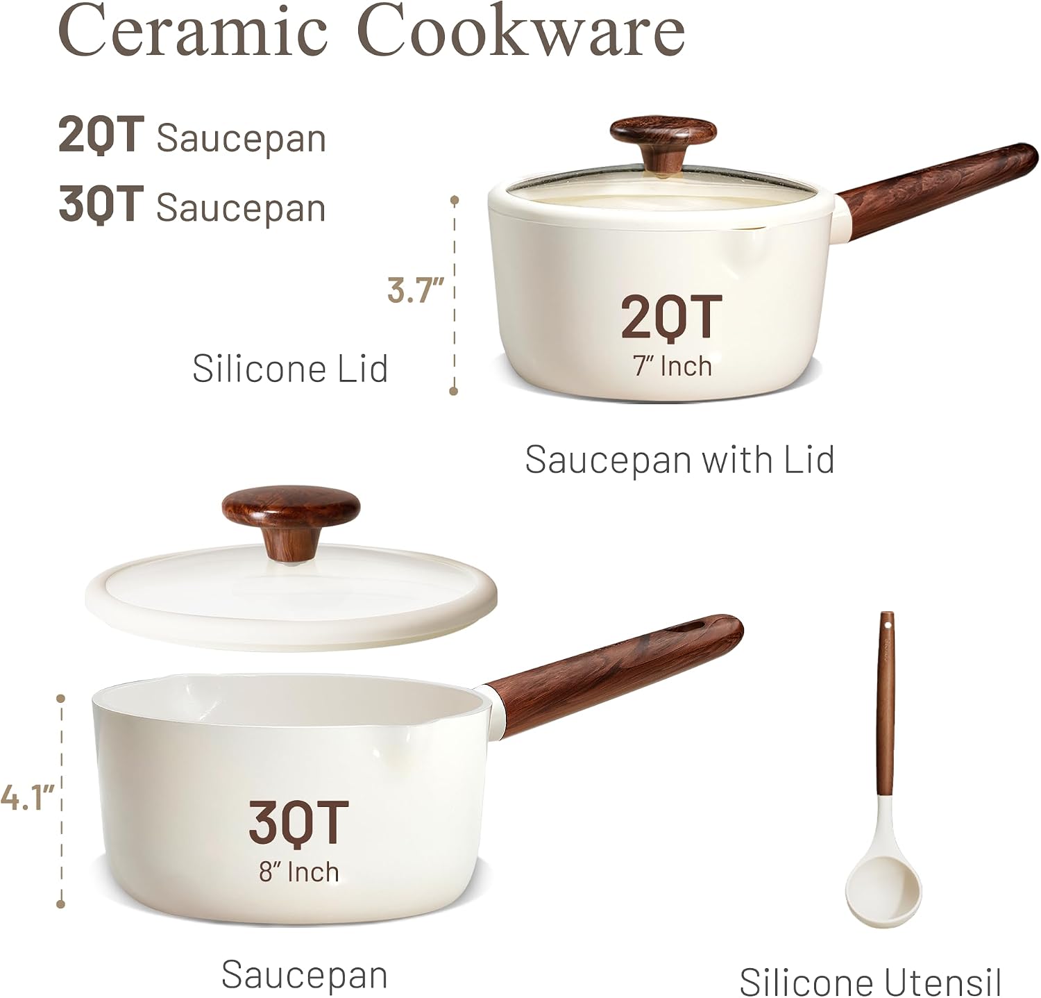 CAROTE 2QT & 3QT Sauce Pan Sets with Lid & Ladle Ceramic Nonstick Pot Set Non Toxic Saucepan Small Kitchen Cooking Pots, Easy to Clean, Induction Comptable, PFAS PTFE Free, White - Image 2