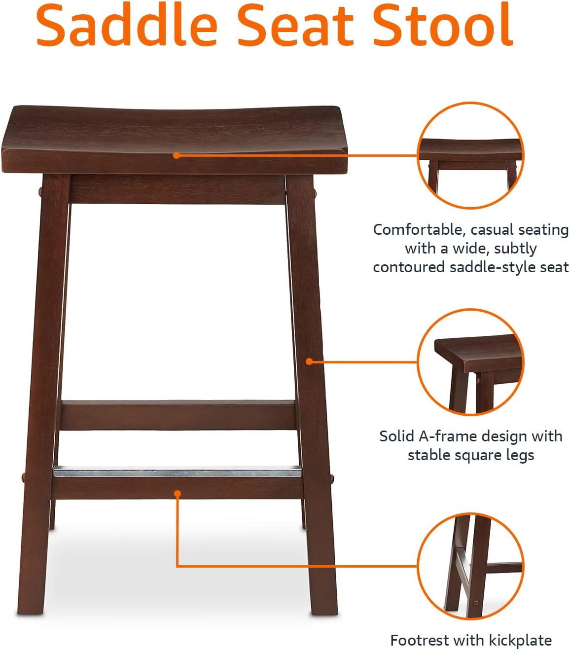 Amazon Basics Solid Wood Saddle-Seat Counter Height Bar Stools for Kitchen Island with Footrest, 24-Inch Height, Walnut, Set of 2 - Image 6