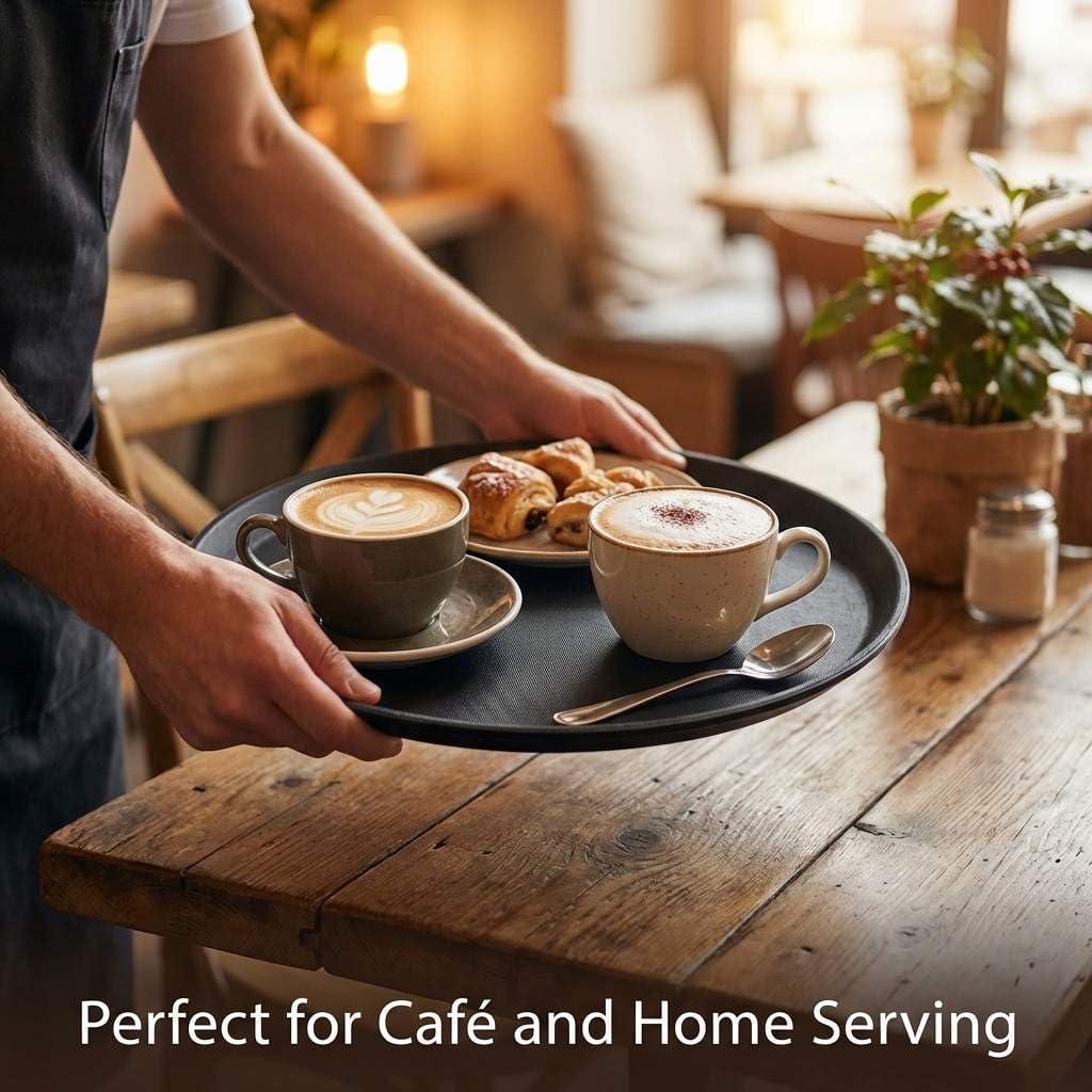 QWORK 14-Inch Round Non-Slip Serving Tray Set – 4Pack Rubber Surface Drink & Meal Carrier for Home, Café & Catering - Image 5