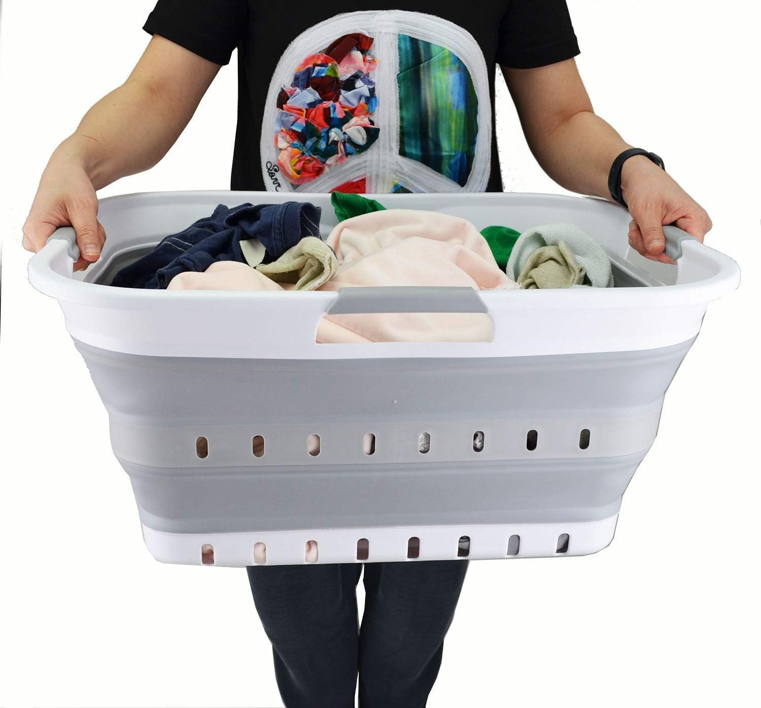 SAMMART 42L (11 gallon) Collapsible Plastic Laundry Basket - Foldable Pop Up Storage Container/Organizer - Space Saving Hamper/Basket (1, White/Grey) - Image 8