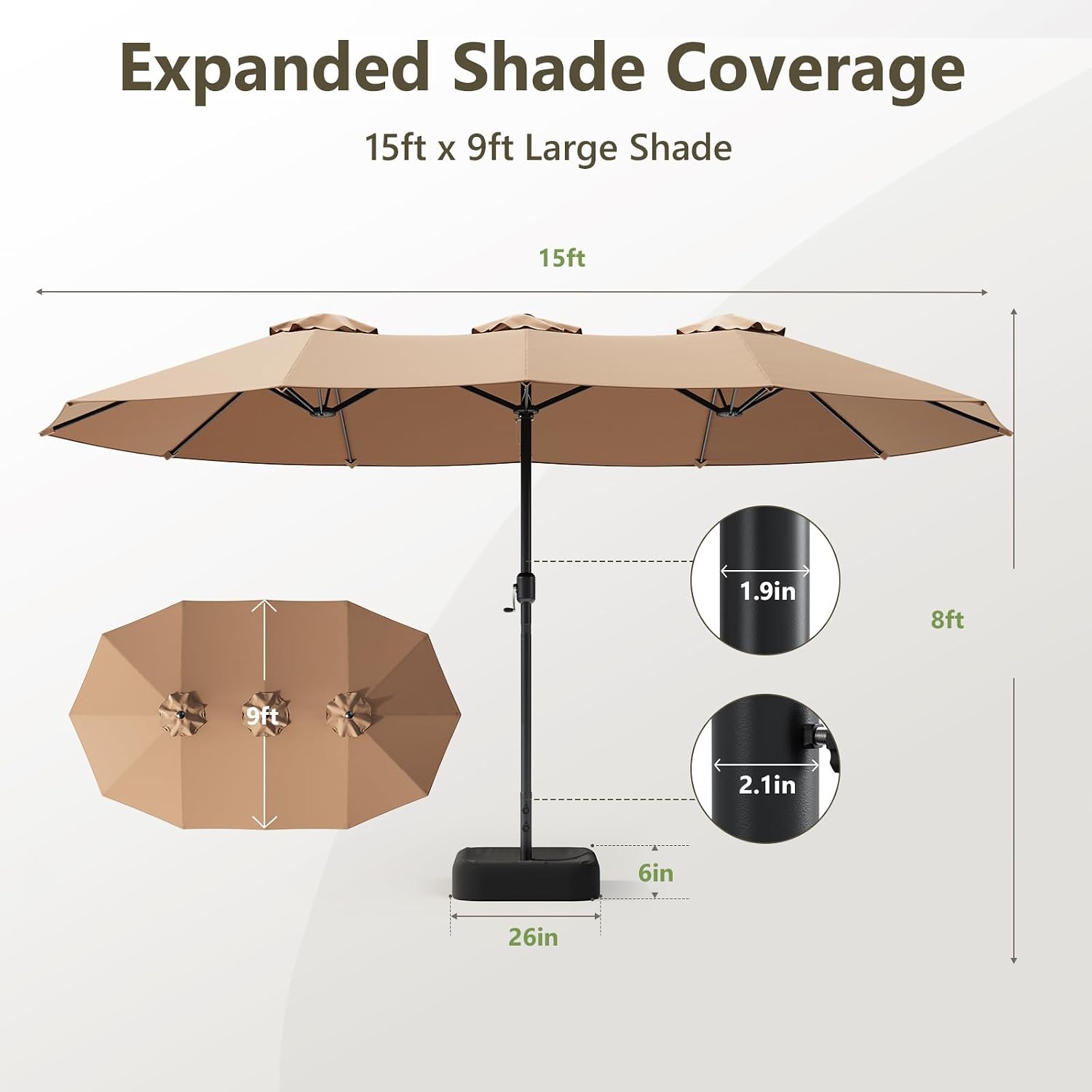 15FT Patio Umbrella, Double-Sided Outdoor Umbrella with base included, Large Standing Umbrella with Crank Handle & Ventilation, Rectangular patio umbrella for Pool, Backyard, Deck, Lawn & Beach - Image 8