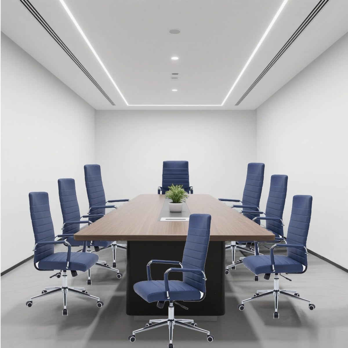 Navy Blue Leather Ribbed Office High-Back Desk Conference Chair with Wheels - Image 2