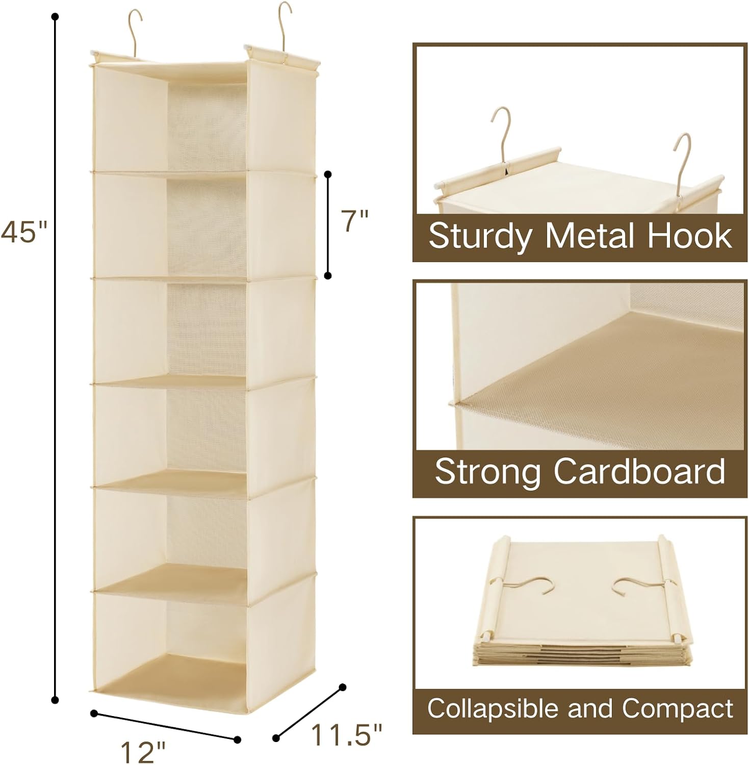 MAX Houser 6 Tier Shelf Hanging Closet Organizer with 2 Hooks, Beige - Image 3