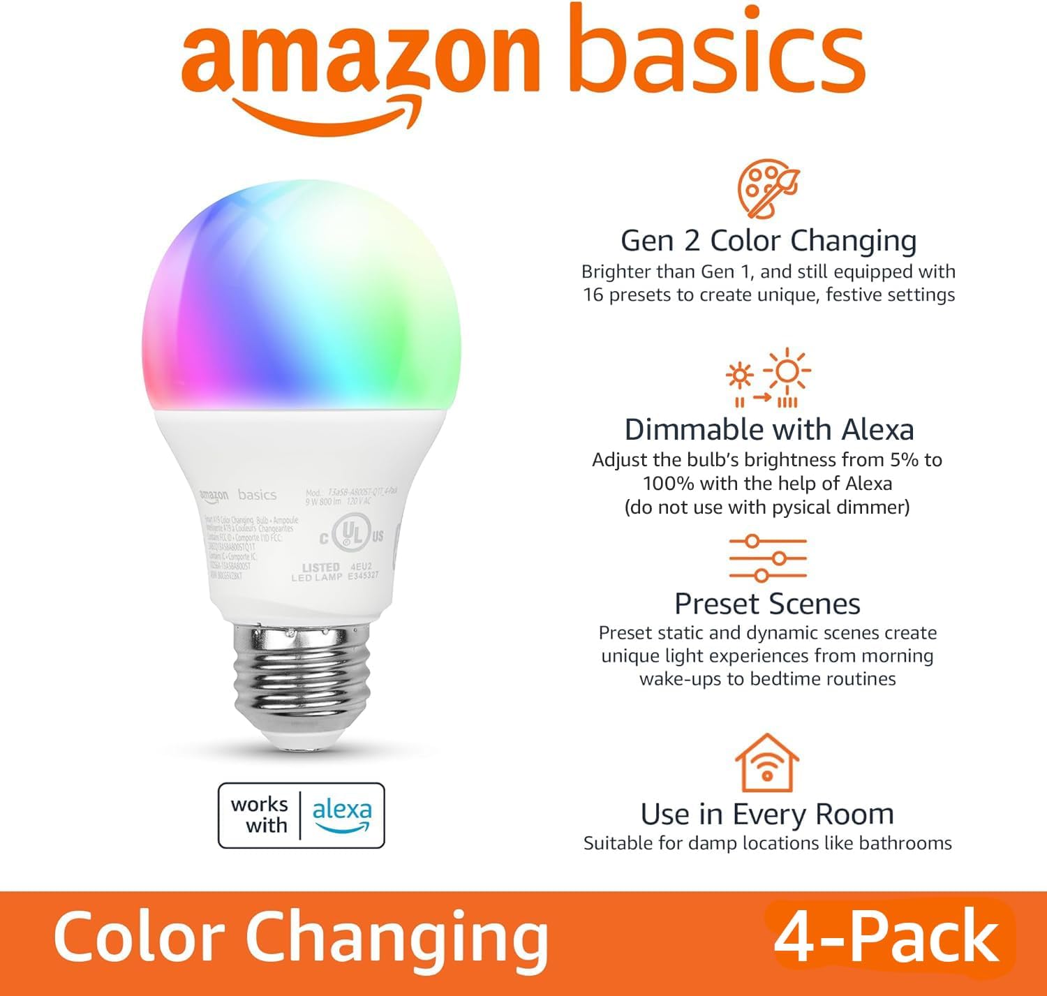 Amazon Basics Smart A19 LED Light Bulb, Color Changing, 9W (60W Equivalent), 800LM, Works with Alexa Only, 2.4 GHz Wi-Fi, No Hub Required, Energy Saving, 4-Pack - Image 2