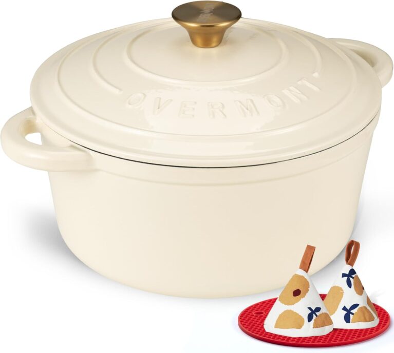Overmont Enameled Cast Iron Dutch Oven - 7QT Pot with Lid Cookbook & Cotton Potholders - Heavy-Duty Cookware for Braising, Stews, Roasting, Sourdough Baking Cream White