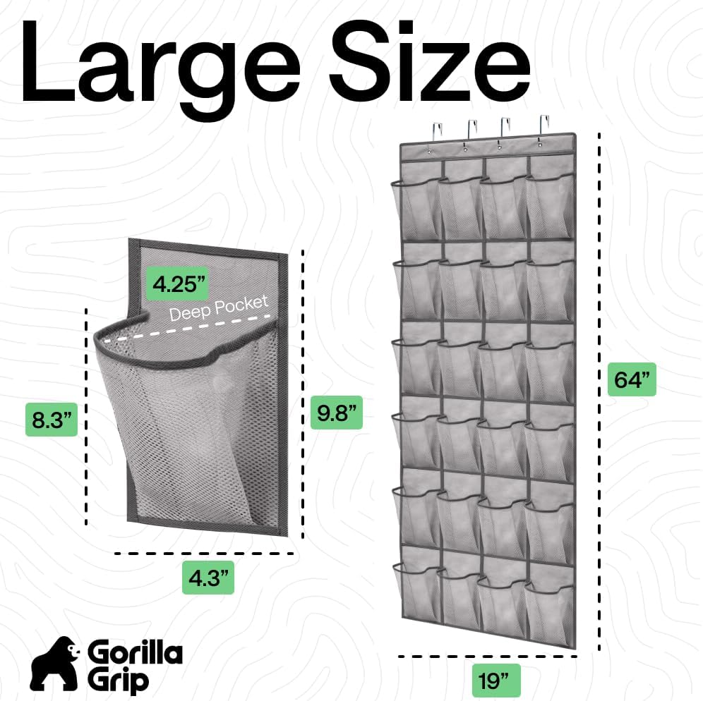 GORILLA GRIP Over the Door Shoe Organizer, 24 Large Pockets, Gray - Image 7