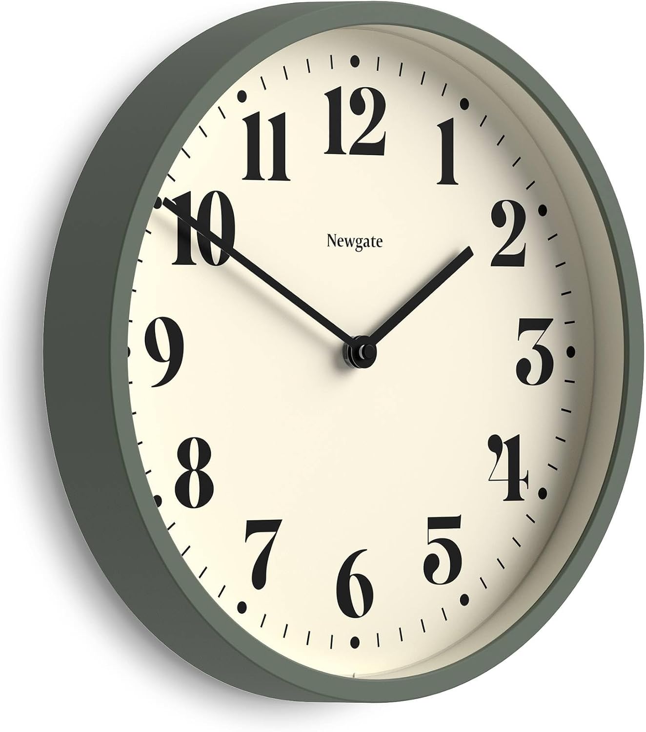 NEWGATE® Number Four Theatre wall Clock | Modern Round Clock | 12" | Asparagus Green | Decorative Numbers | Ideal for Kitchen, Living Room or Office