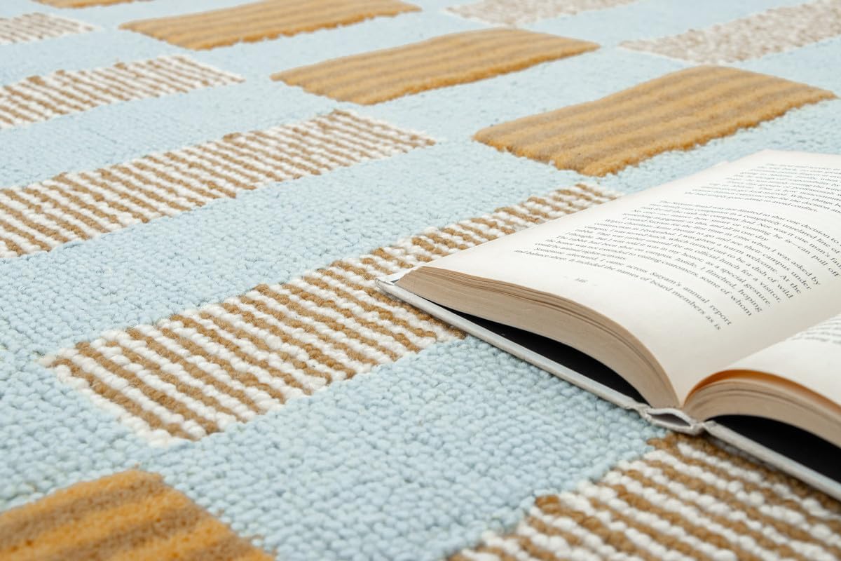 Checkered Hand-Tufted 100% Wool Area Rug - 5x5 Ft, Round Light Blue Base with Mustard and Beige Blocks, Olive Green Scalloped Edge, Cotton Backing Plush Carpet for Bedroom & Nursery - Image 8