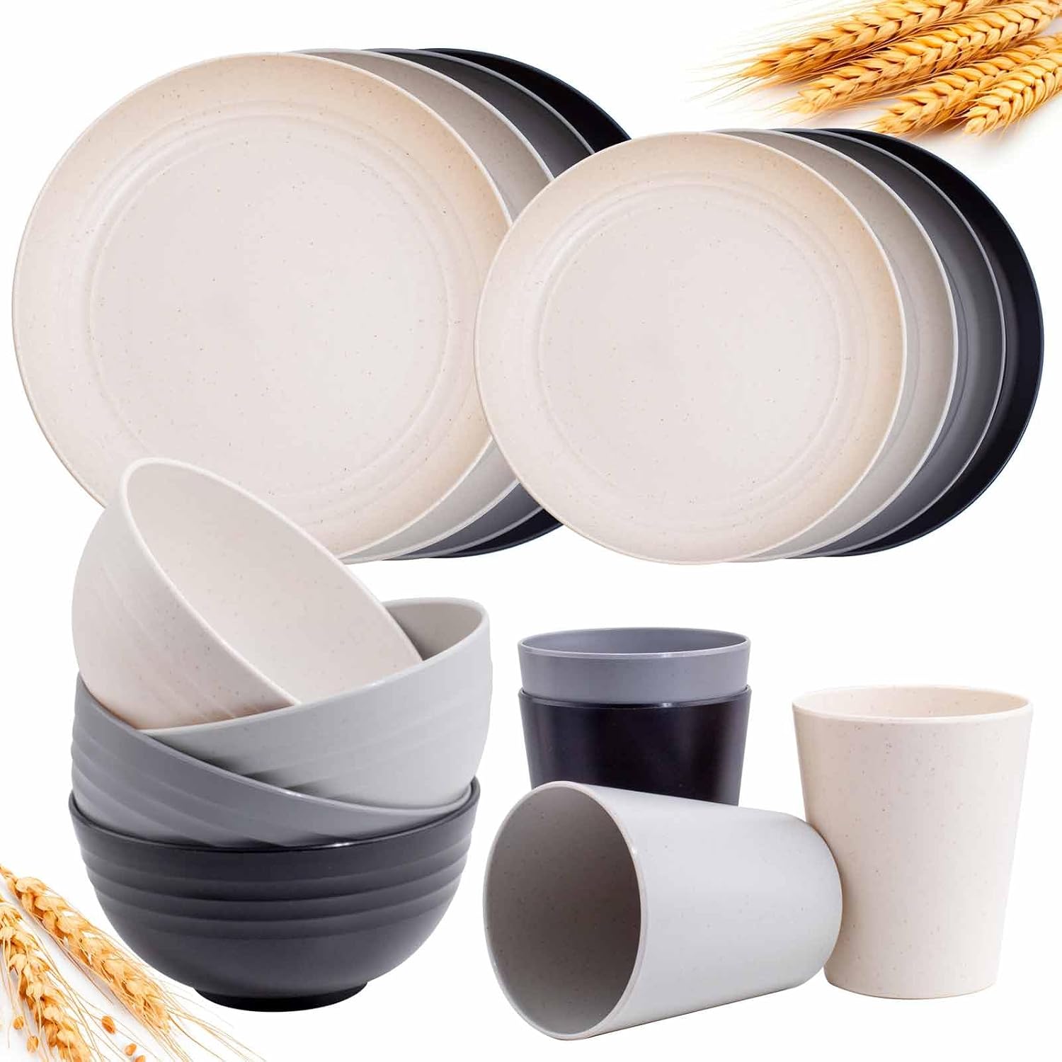 Rubtlamp Wheat Straw Dinnerware Sets, 16PCS Plastic Dinnerware Set for 4, Wheat Straw Plates and Bowls Sets, Unbreakable Dinnerware Plastic Microwave Safe Dishes Set for Kitchen&Camping