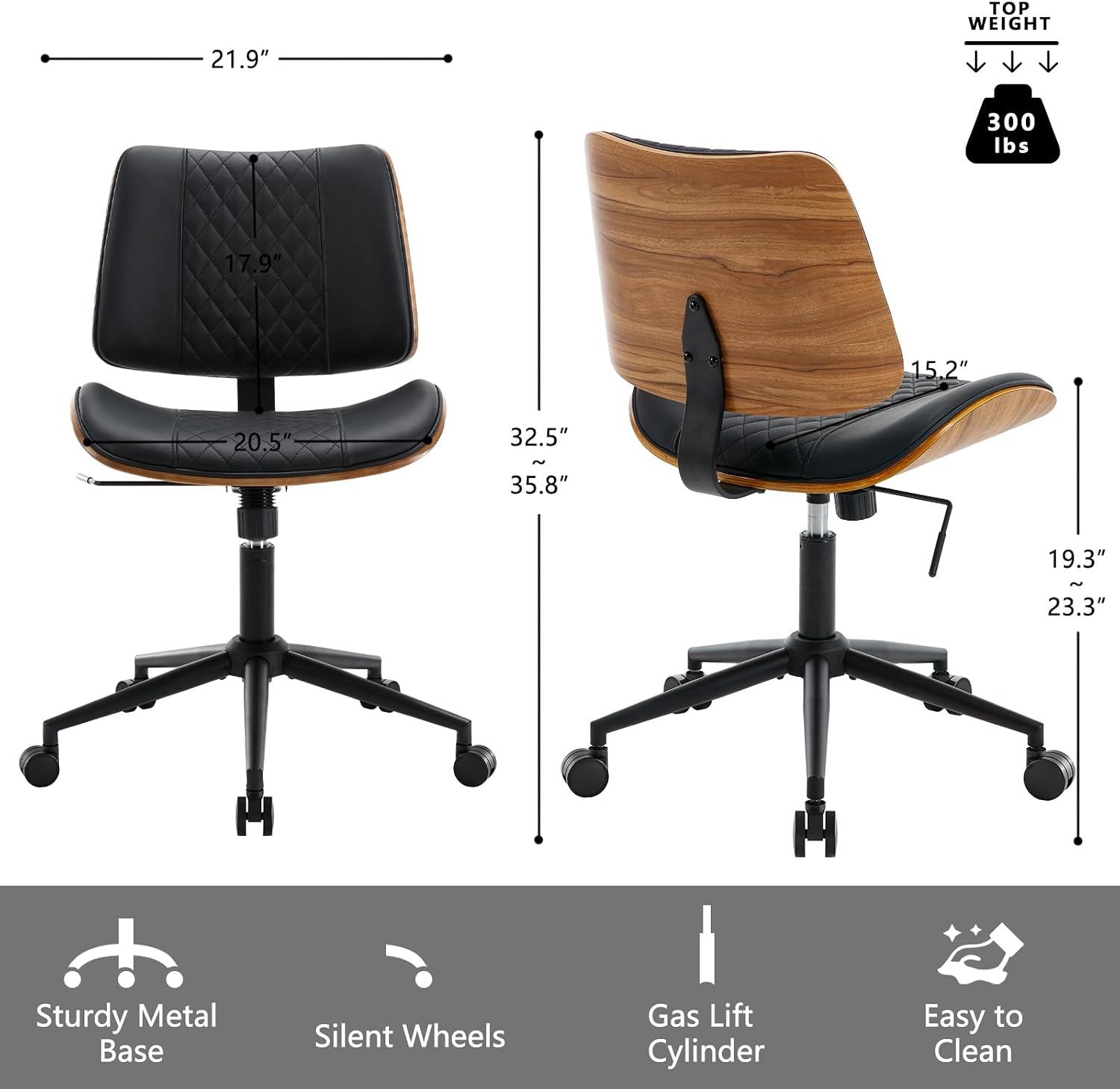 Home Office Chair No Arms with Wheels, Mid Back Walnut Style, Black - Image 2