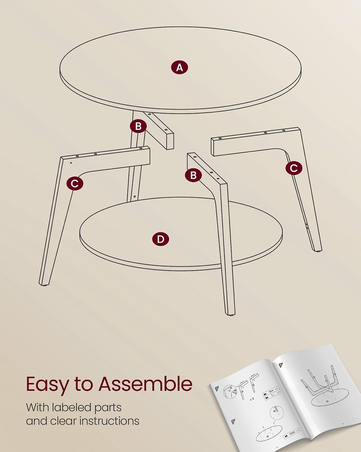 VASAGLE Round Coffee Table, 2-Tier Center Table with Storage, Tapered Legs - Image 7