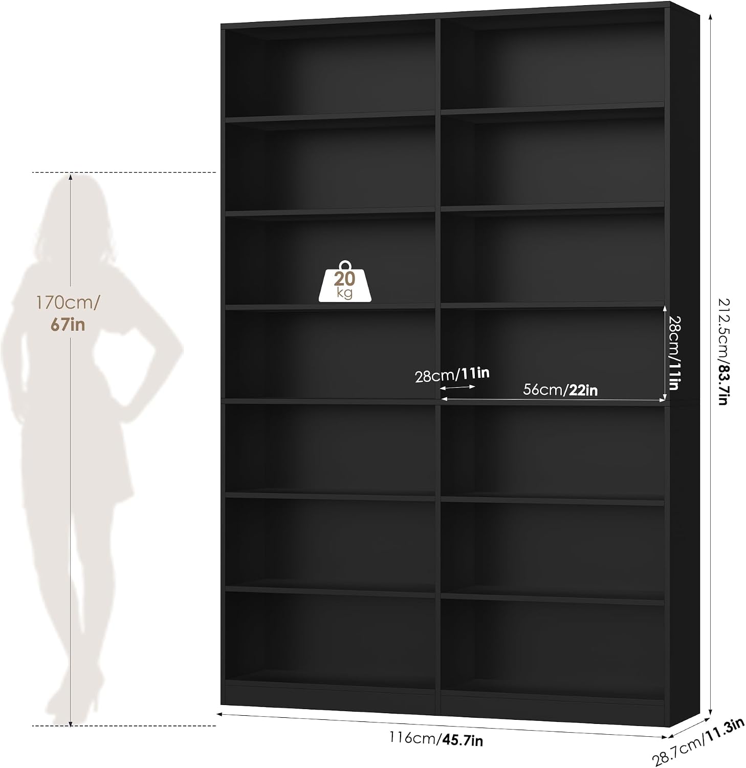 FACBOTALL 83.7" Tall Bookshelf and Bookcase,7-Tier Double Bookshelves Black - Image 3
