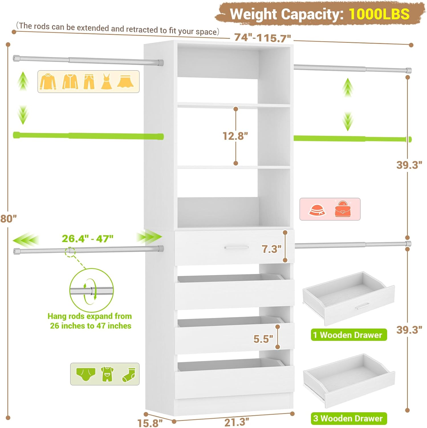 Aheaplus Closet System, 4-9Ft Closet Organizer with 4 Wooden Drawers, White - Image 7