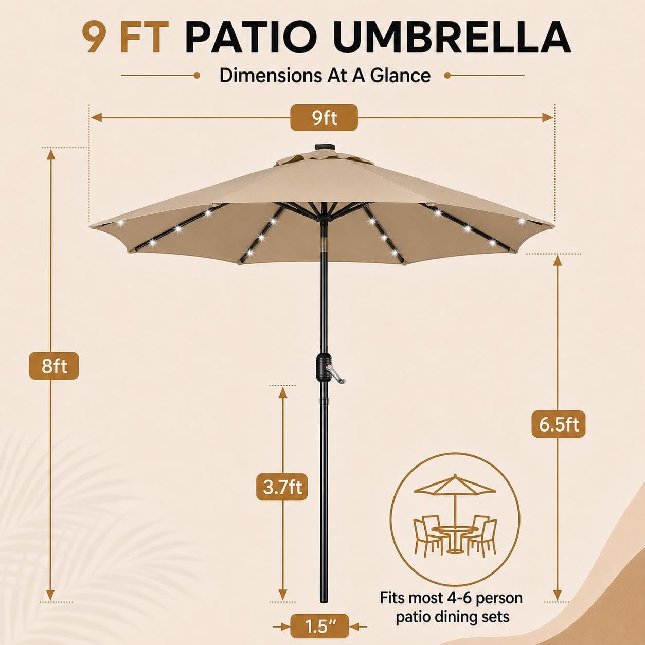 Yaheetech 9FT Solar Patio Umbrella w/Push Button Tilt & Crank, Tan - Image 2