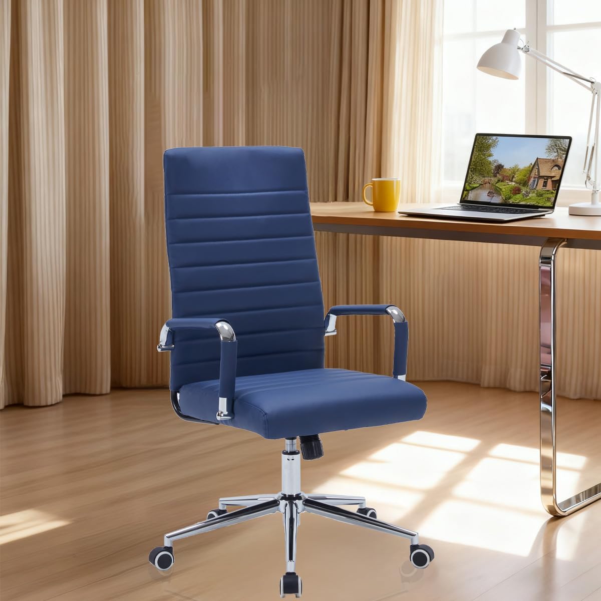 Navy Blue Leather Ribbed Office High-Back Desk Conference Chair with Wheels - Image 4