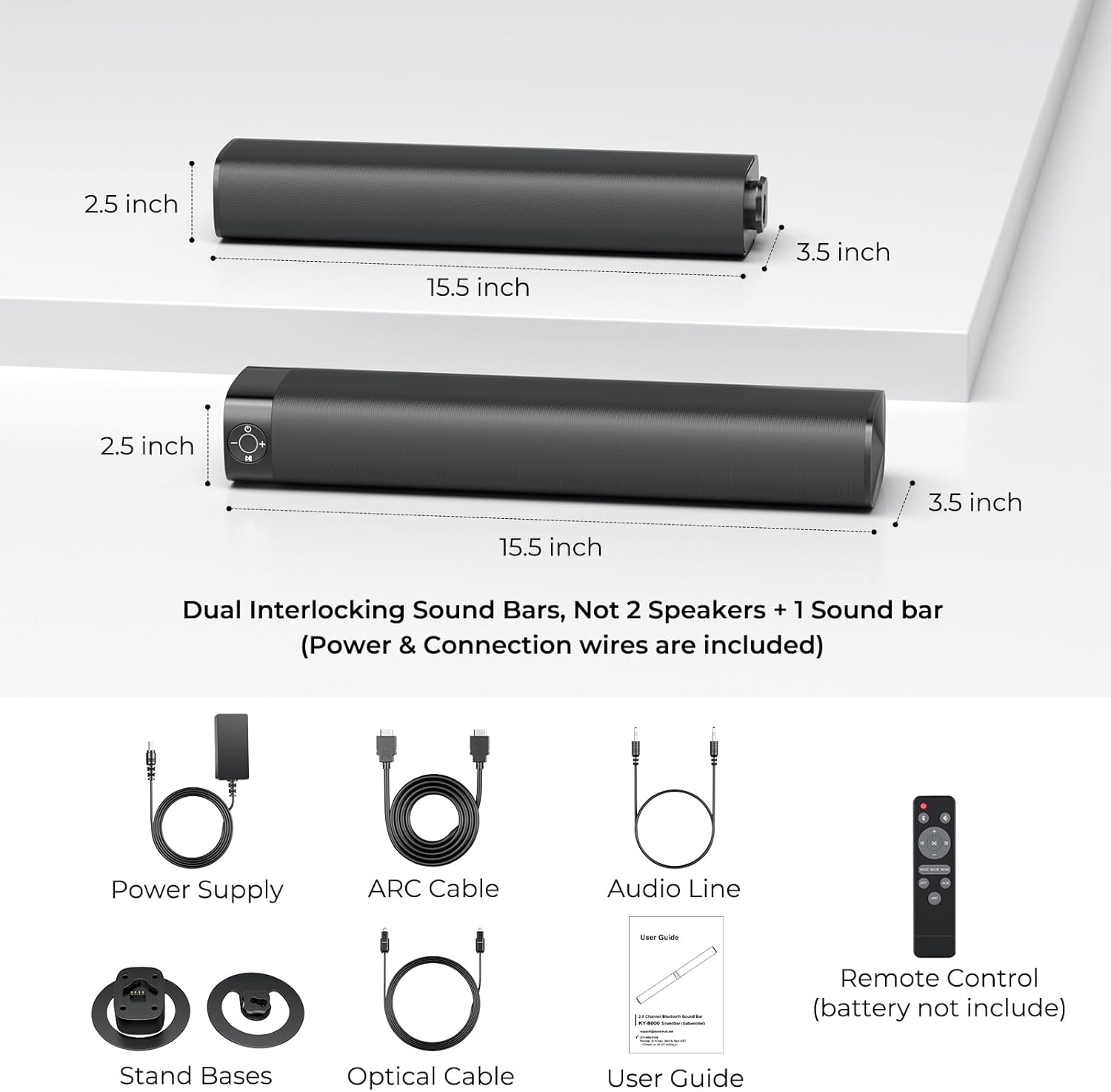 Sound Bar for Smart TV, Soundbar with Bluetooth/ARC/Opt/AUX Connect, Auto Volume Boost, 3 Equalizer Modes, 2 in 1 Detachable Soundbar for TV/PC/Gaming/Projectors - Image 8