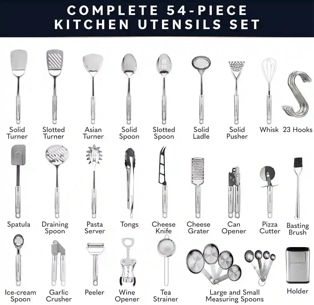 Home Hero 54-Piece Stainless Steel Kitchen Utensils Set - Heat-Resistant Nonstick Silicone & Stainless Steel Cooking Utensils - Complete Tools with Slotted Spoon & Pasta Spoon - Pack of 54, Silver - Image 2
