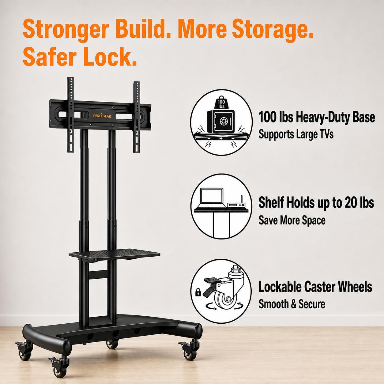Perlegear Rolling TV Stand for 32-84 Inch TV, Mobile TV Cart up to 100lbs, Adjustable Height Outdoor TV Cart with Heavy-Duty Base, VESA 600x400mm, Portable TV Stand on Wheels for Livingroom PGTVMC05-1 - Image 4