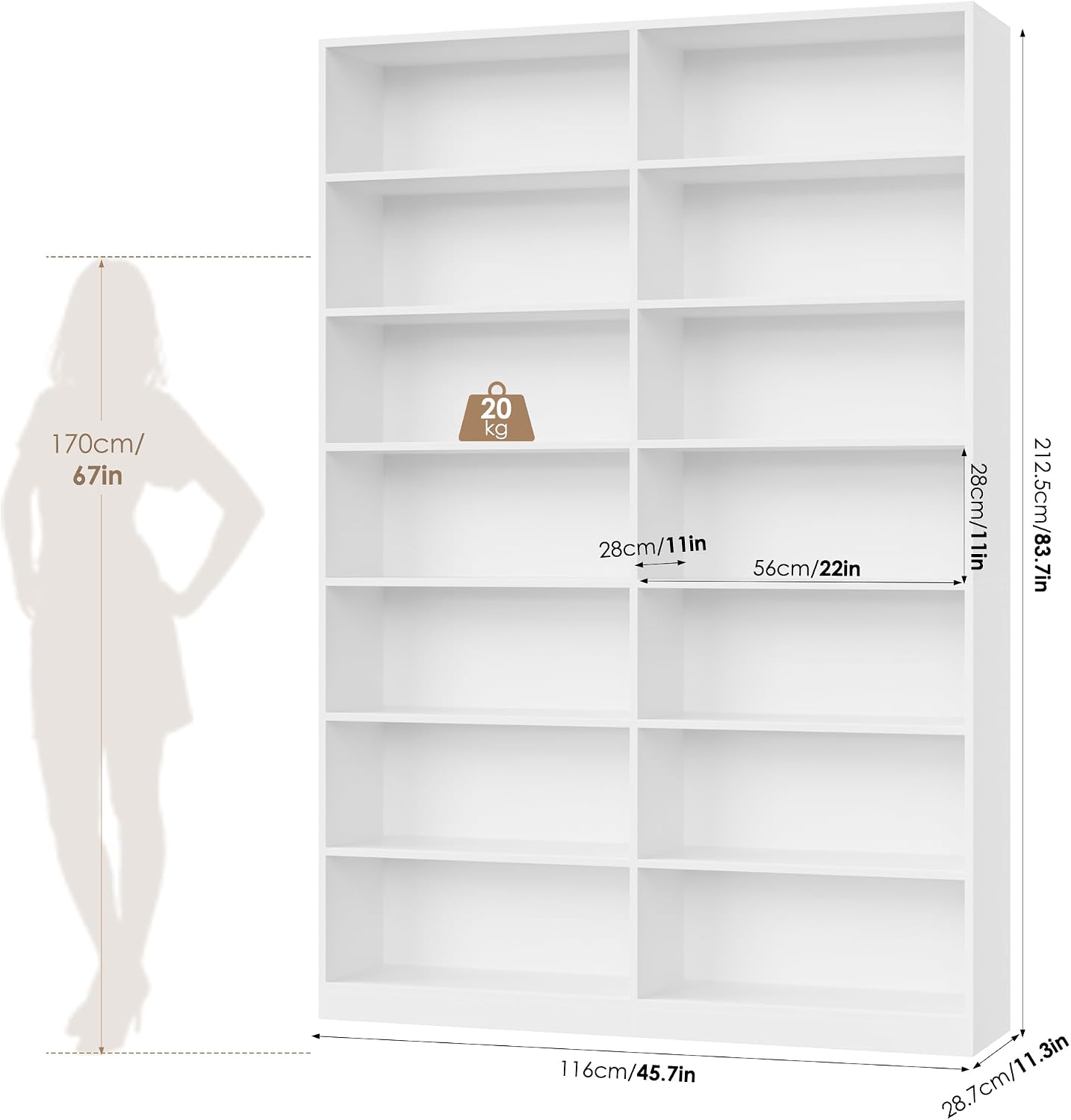 FACBOTALL 83.7" Tall Bookshelf and Bookcase,7-Tier Double Bookshelves White - Image 3