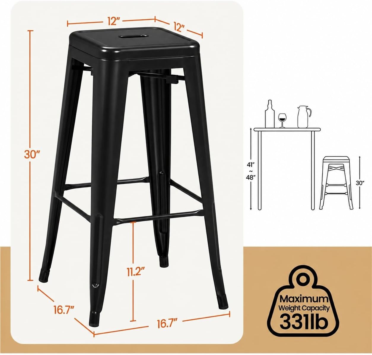 Yaheetech 30 Inch Metal Bar Stools Set of 4, Stackable Barstools, Black - Image 3