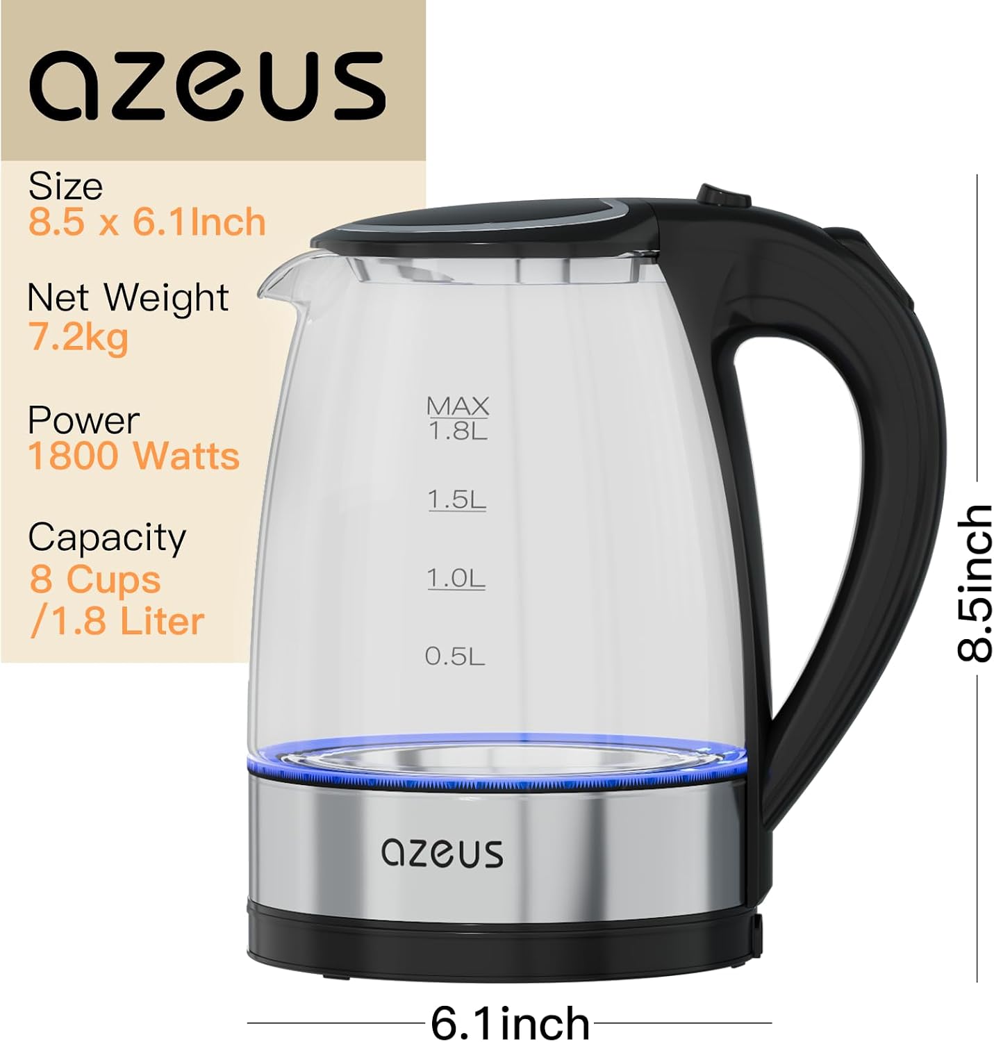 AZEUS Electric Kettle 1800W Cool Touch Tea Kettle Anti-scalding Design 1.8L Large Capacity Kettle BPA-Free, White - Image 7