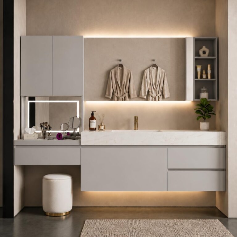 92IN Floating Bath Vanity with Sink, Side Cabinet, Makeup Area, Light Grey