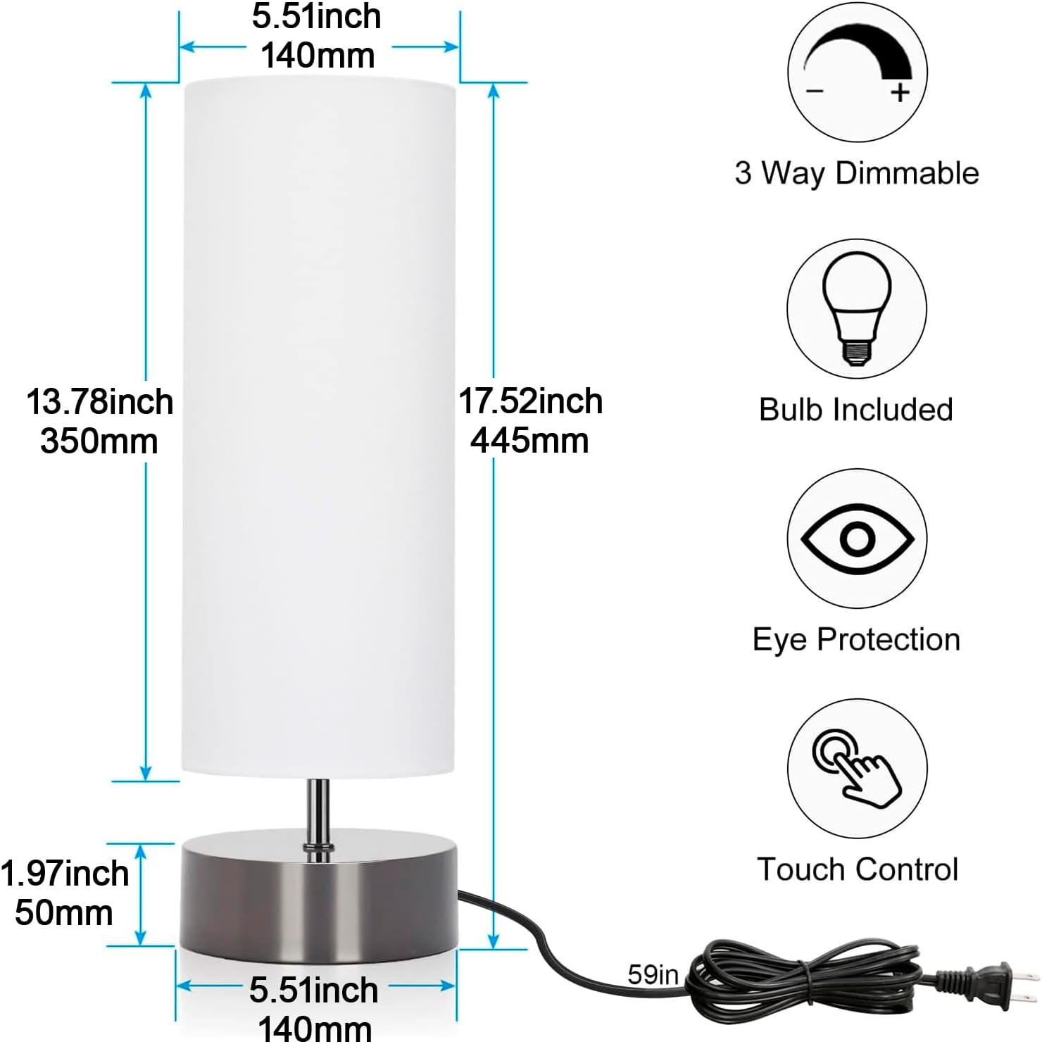 Touch Table Lamp, 3-Way Dimmable Bedside Lamp with Cylinder Fabric Shade - Image 2