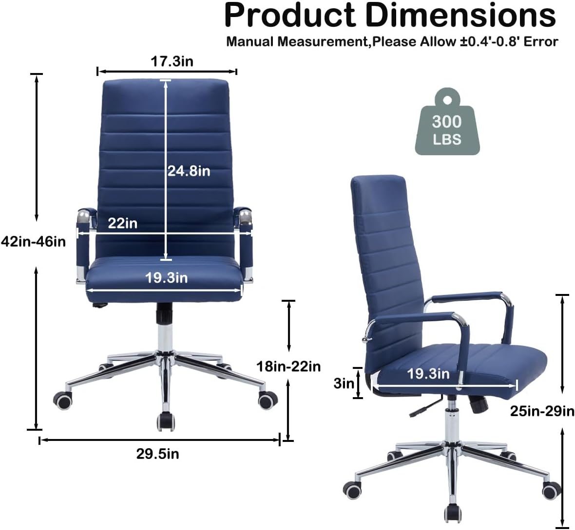 Navy Blue Leather Ribbed Office High-Back Desk Conference Chair with Wheels - Image 3