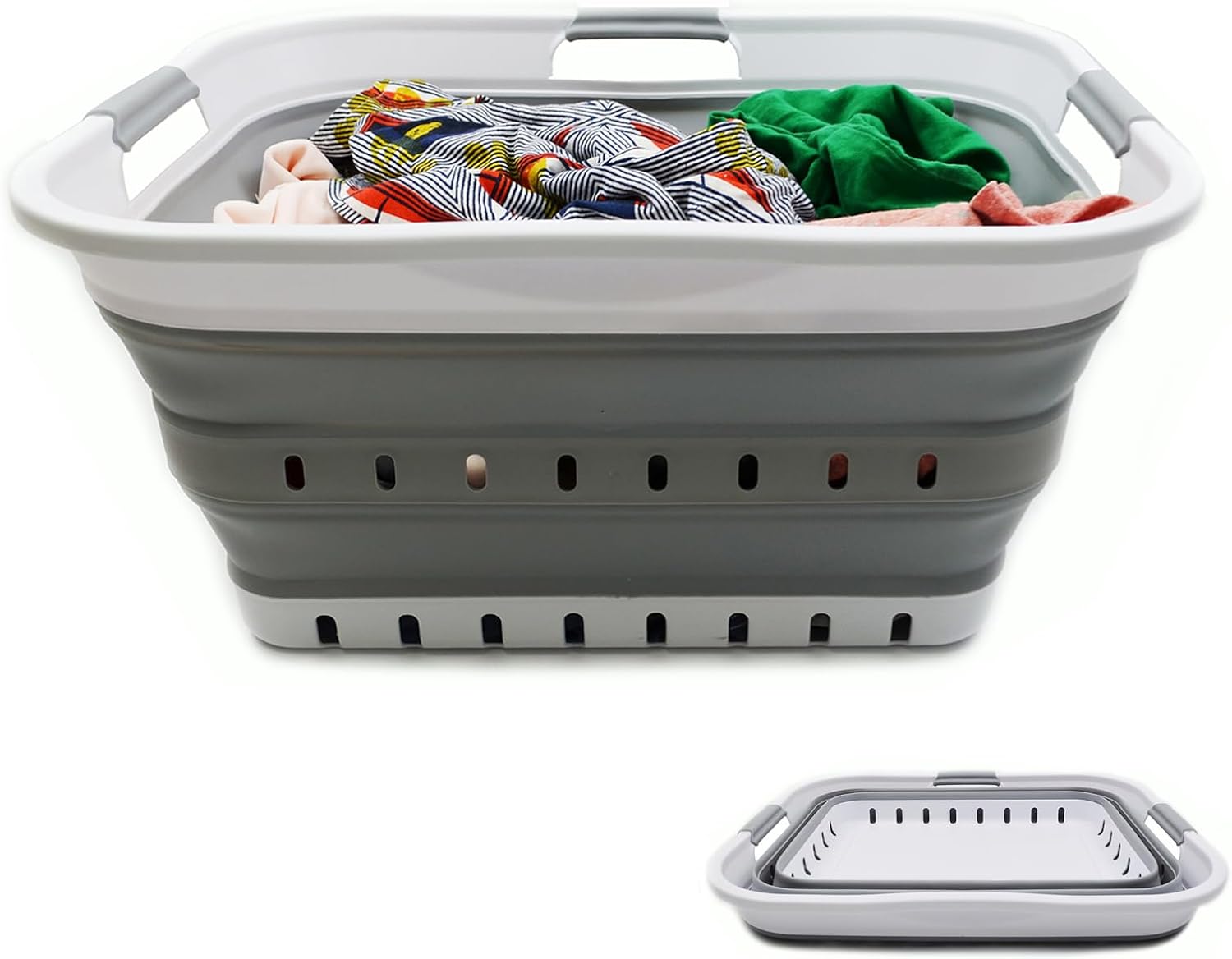 SAMMART 42L (11 gallon) Collapsible Plastic Laundry Basket - Foldable Pop Up Storage Container/Organizer - Space Saving Hamper/Basket (1, White/Grey) - Image 4