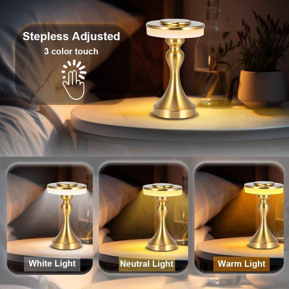 Portable Metal LED Table Lamp,Cordless Battery Table Lamp,3 Color Touch Control Rechargeable Desk Lamp,3-Levels Brightness Bedside Battery Lamp,Night Light - Image 4