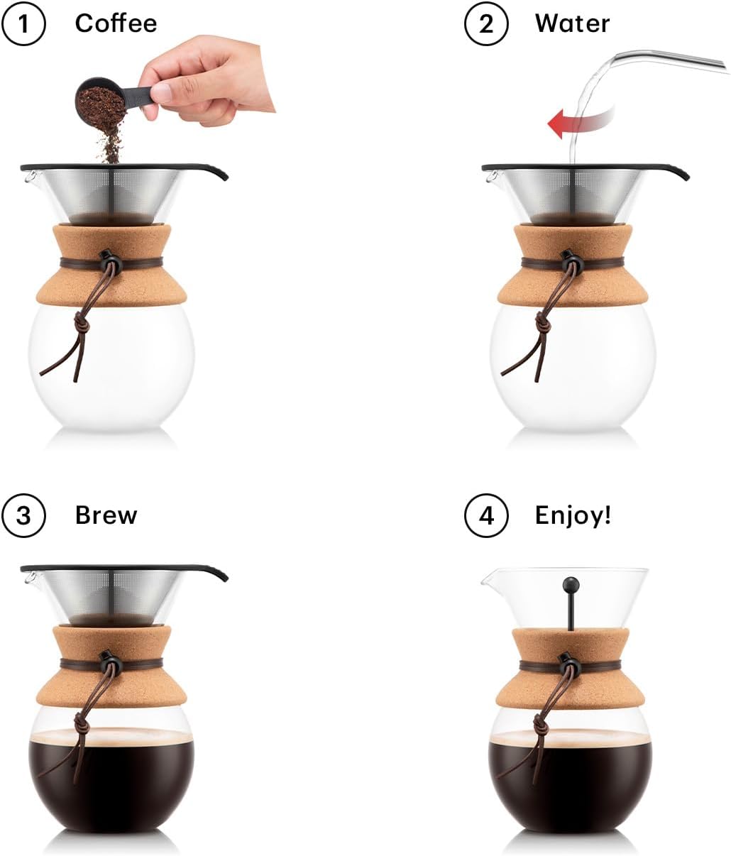 Bodum 34oz Pour Over Coffee Maker, High-Heat Borosilicate Glass with Reusable Stainless Steel Filter and Cork Grip - Made in Portugal - Image 2