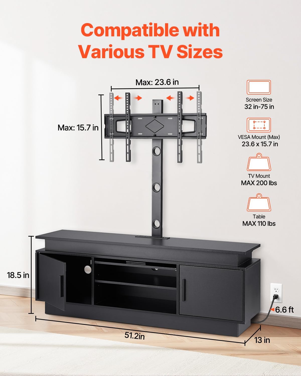 VEVOR 52" TV Stand with Mount for up to 75 in TVs, Entertainment Center with Power Outlet & LED Lights, Height Adjustable TV Console with Mount with 3 Tiers Storage Cabinets for Bedroom, Living Room - Image 3